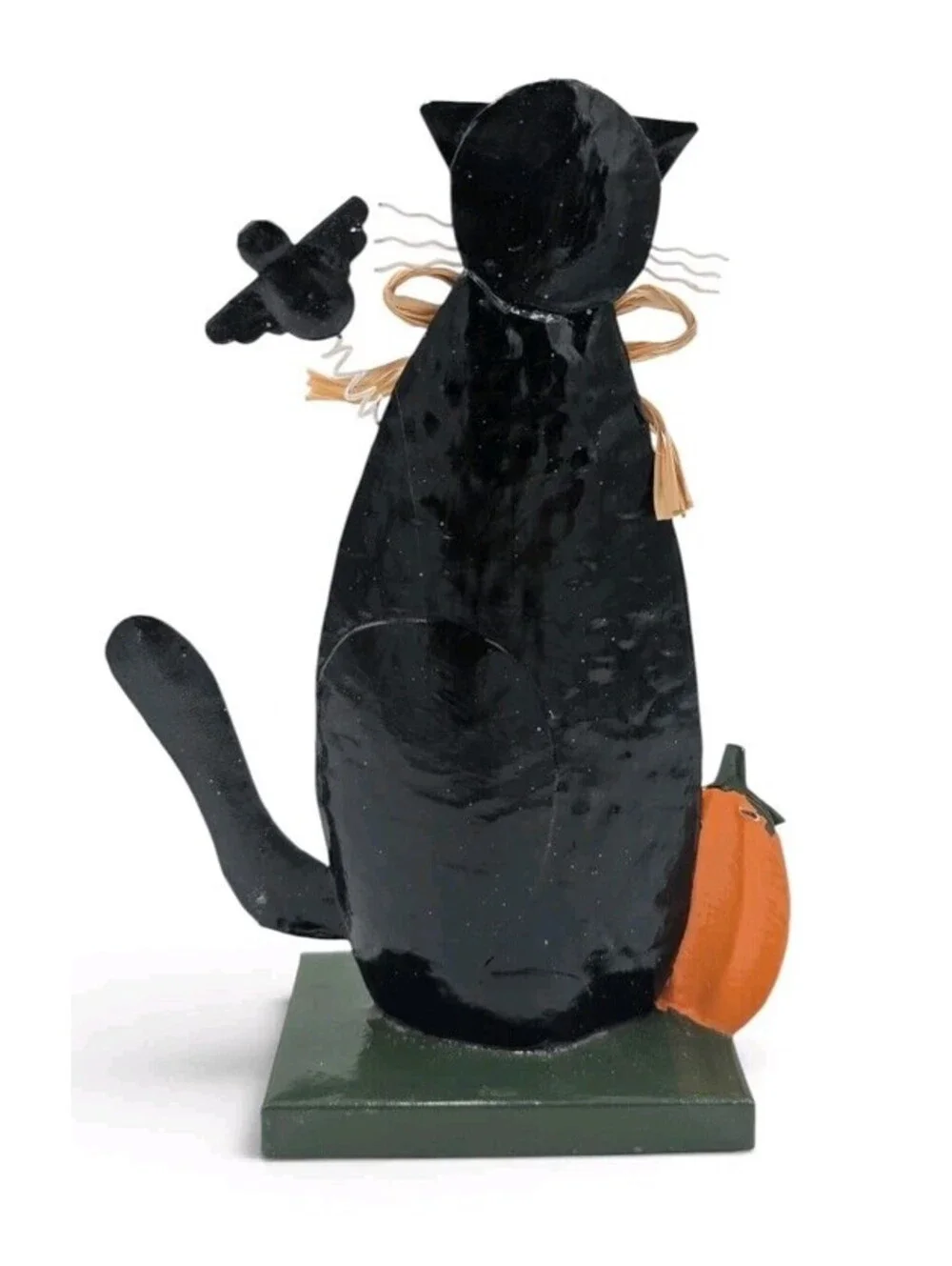 Vintage Primitive Black Cat Halloween Metal Figurine Pumpkin Crow Decor